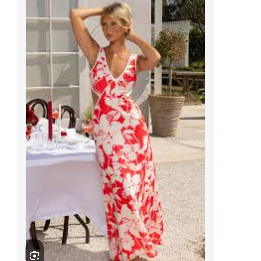 Avec Les Filles Poppy Lilly Floral Midi Dress Red Pink Size 6 MSRP $98 Vacay